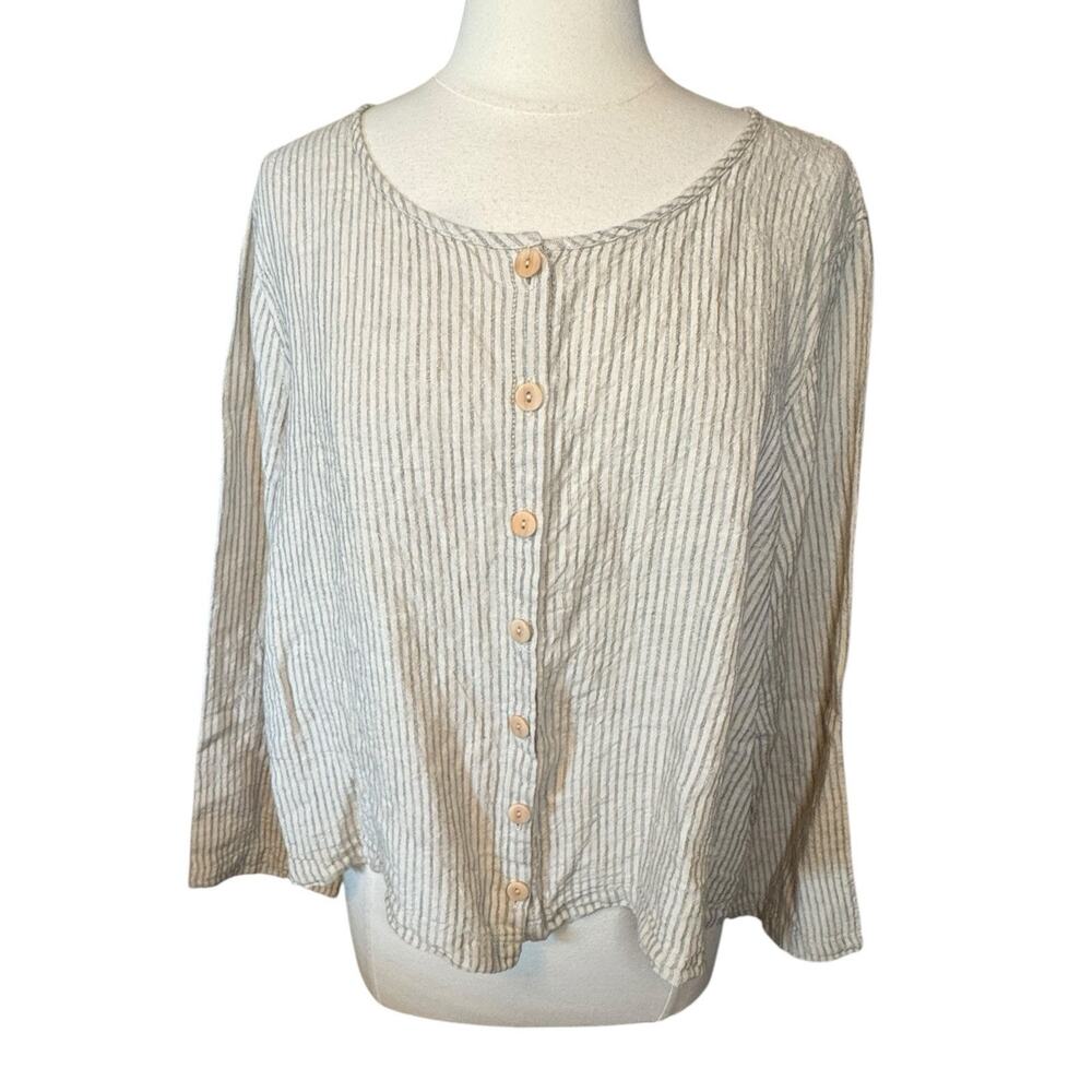 FLAX 100% Linen Beige Striped Long Sleeve Button Down Top Women's Large Minimal